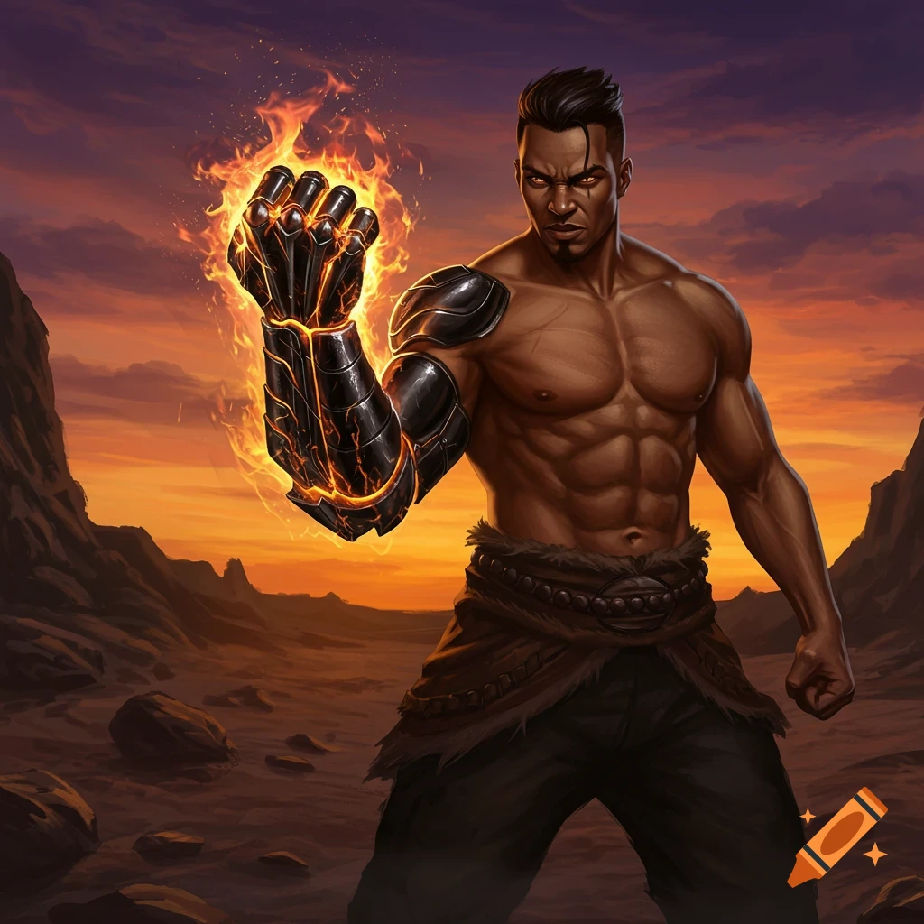 A muscular man with a black armored, fiery gauntlet stands in a desert at sunset, eyes glowing red.