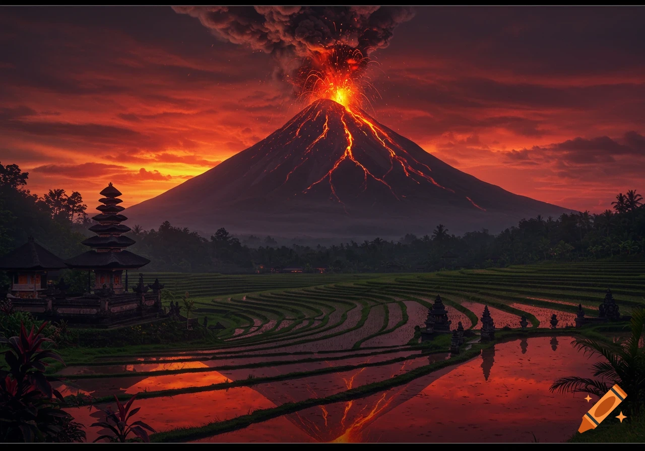 Erupting volcano with lava flows under a fiery red sky, towering over a Balinese temple and terraced rice paddies.