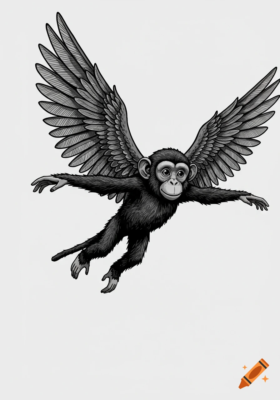 A black and white cartoon chimpanzee with large feathered wings flying against a plain white background.