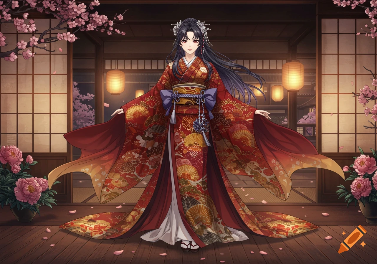 Anime-style woman in an ornate red and gold kimono stands in a traditional Japanese room with cherry blossoms and lanterns.