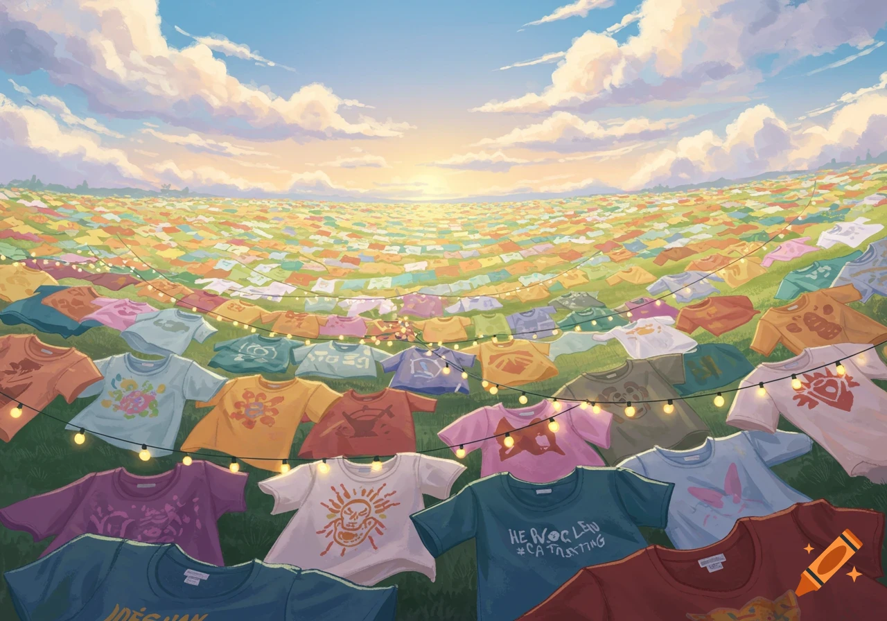 A vast outdoor field filled with colorful t-shirts laid out on the ground and hanging on string lights under a bright, cloudy sky at sunset.
