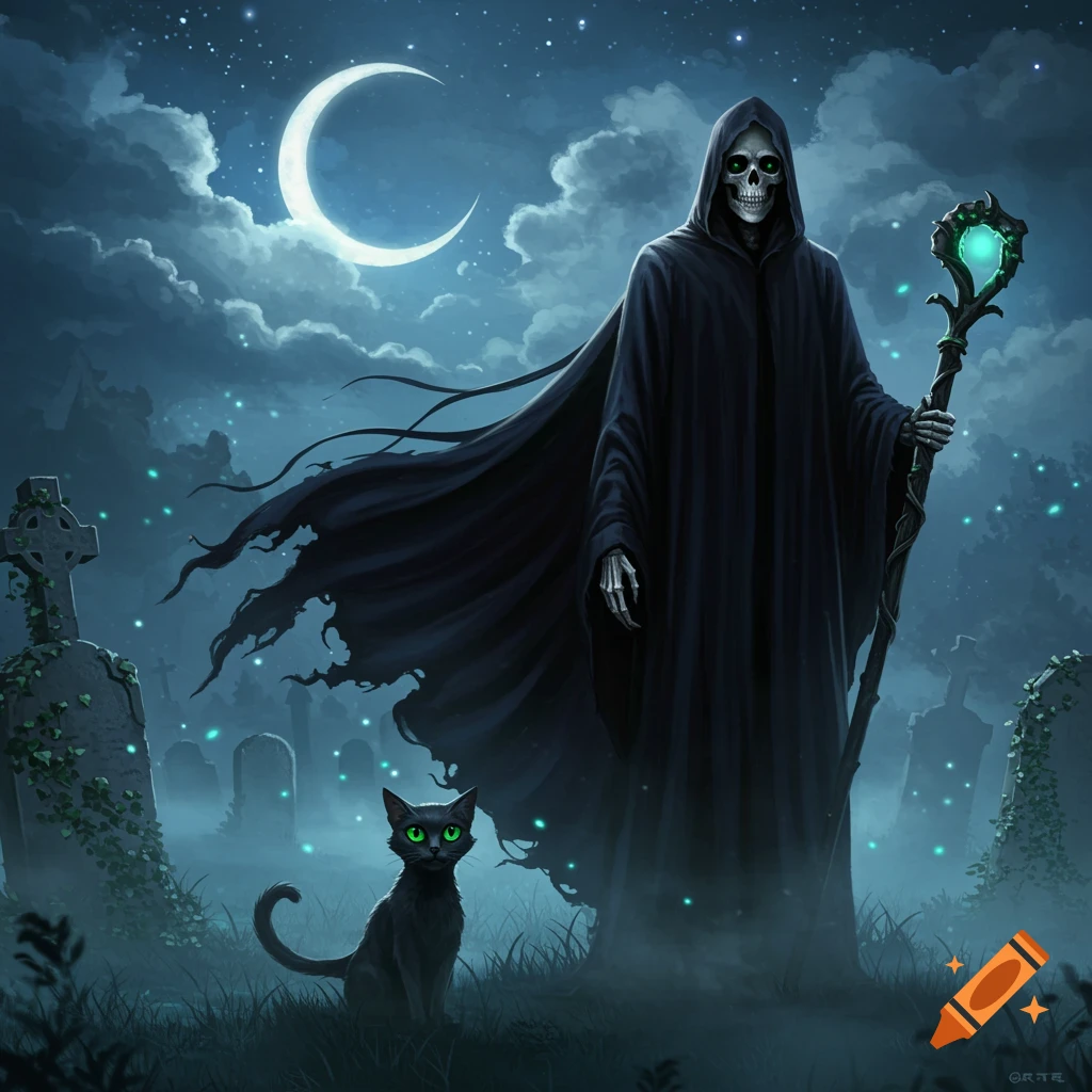 A cloaked Grim Reaper with glowing green eyes stands next to a black cat with glowing green eyes in a misty graveyard under a crescent moon, fantasy art style.