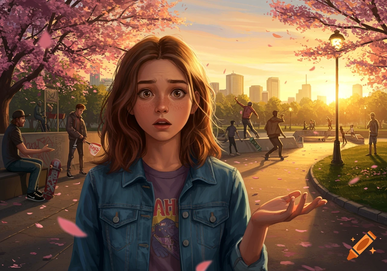 An illustrated teenage girl with a surprised expression and raised hand stands in a cherry blossom park at sunset, with skateboarders and a city skyline in the background.