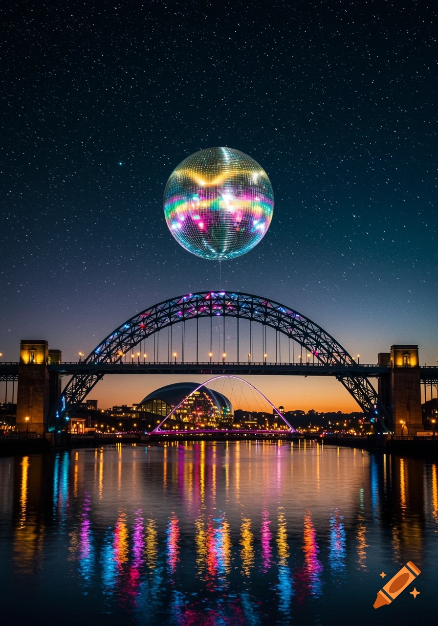 Photorealistic night view of the Tyne Bridge over a river, with a massive illuminated disco ball floating above it, reflecting colorful lights on the water.
