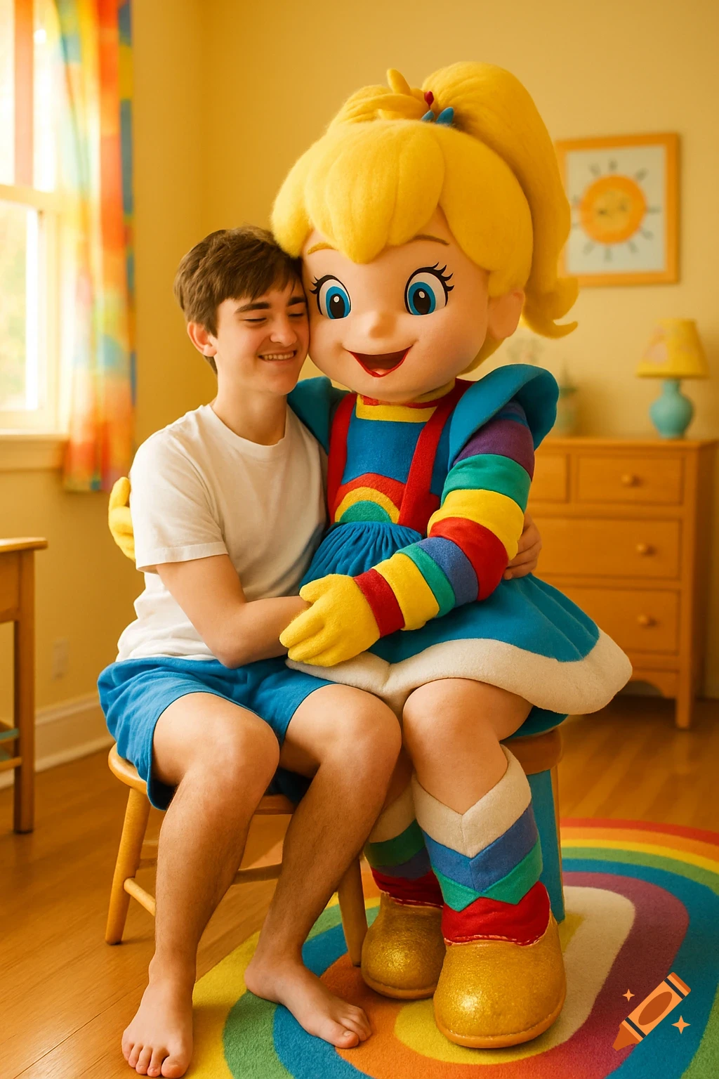 A teenage boy in a white t-shirt and blue shorts hugs a large Rainbow Brite mascot, both smiling in a bright room.