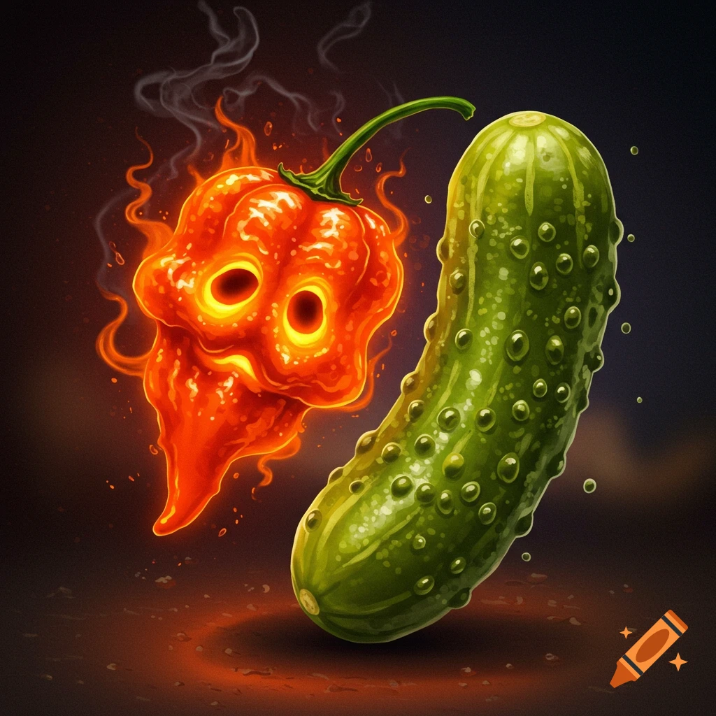 A stylized image of a fiery, glowing ghost pepper next to a textured green pickle against a dark background.