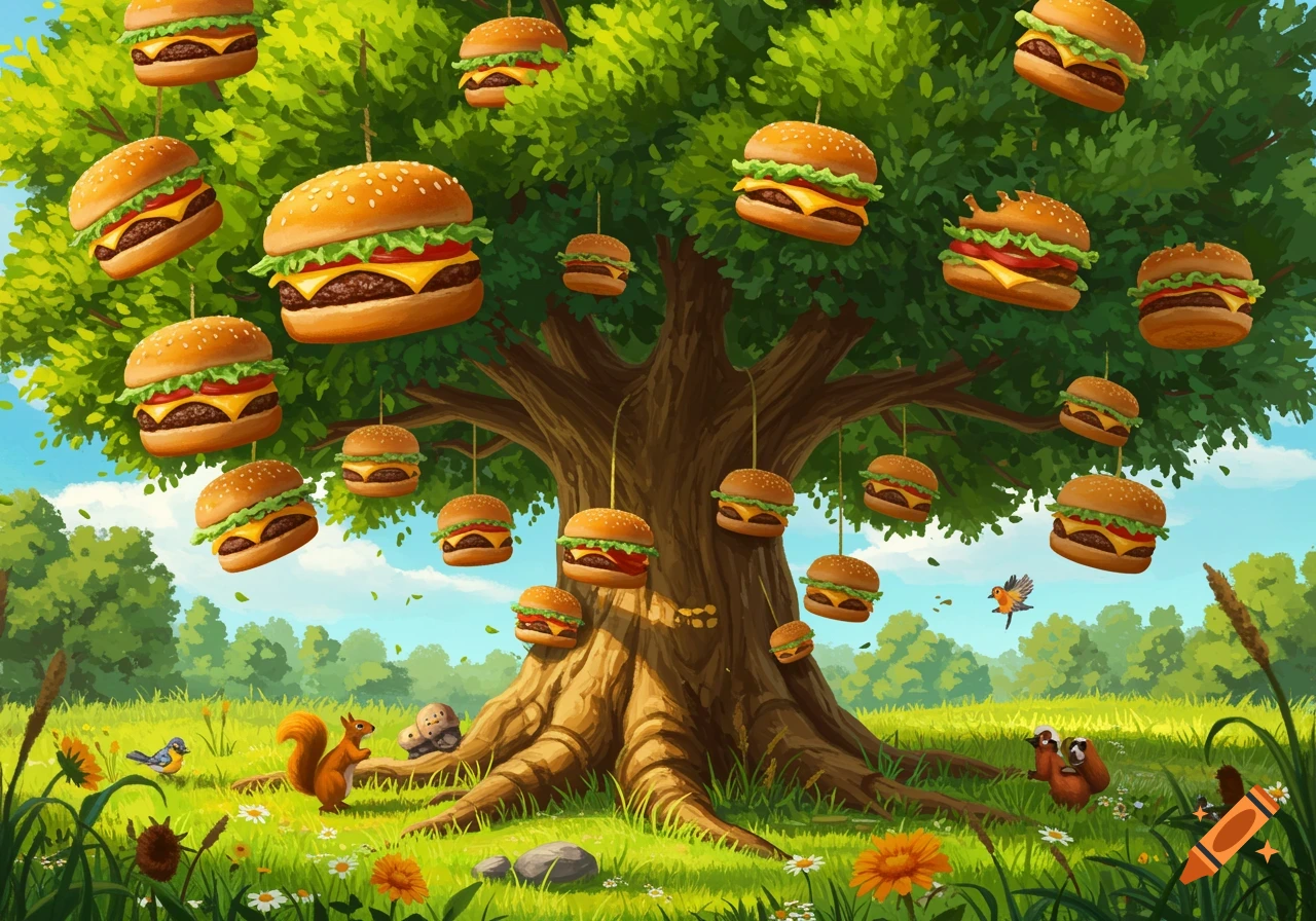 A whimsical illustration of a large tree growing hamburgers like fruit in a vibrant green field with a squirrel and birds.