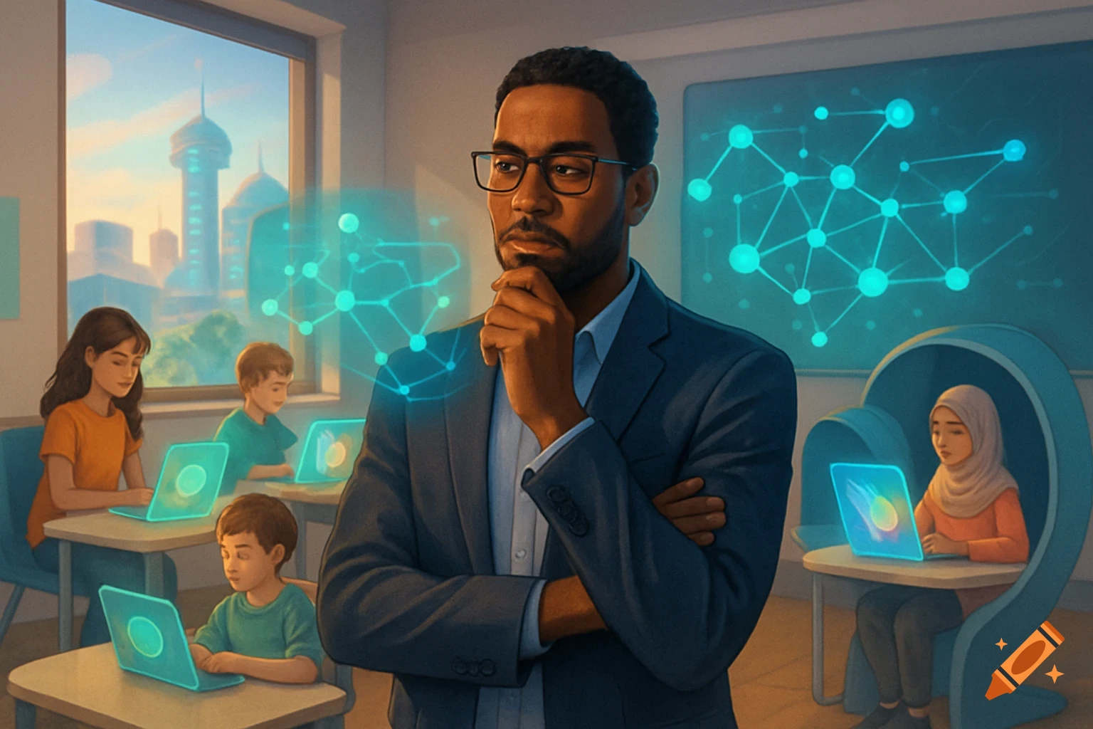 An educator in a suit stands in a futuristic classroom with students using glowing laptops, surrounded by data visualizations. Digital art.