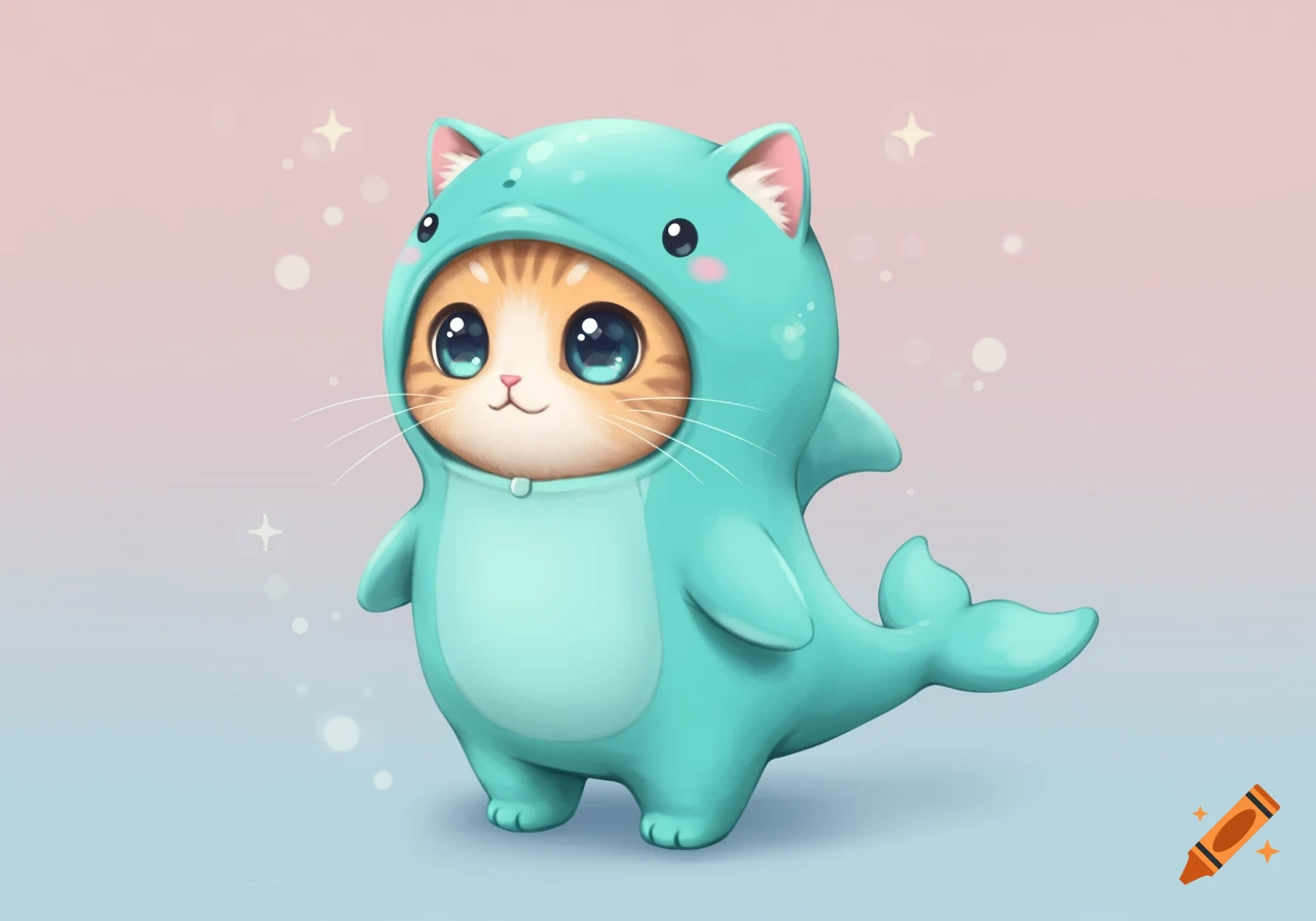 A cute, orange and white tabby cat wearing a light blue dolphin costume with big blue eyes, standing on a gradient pink and blue background with sparkles.