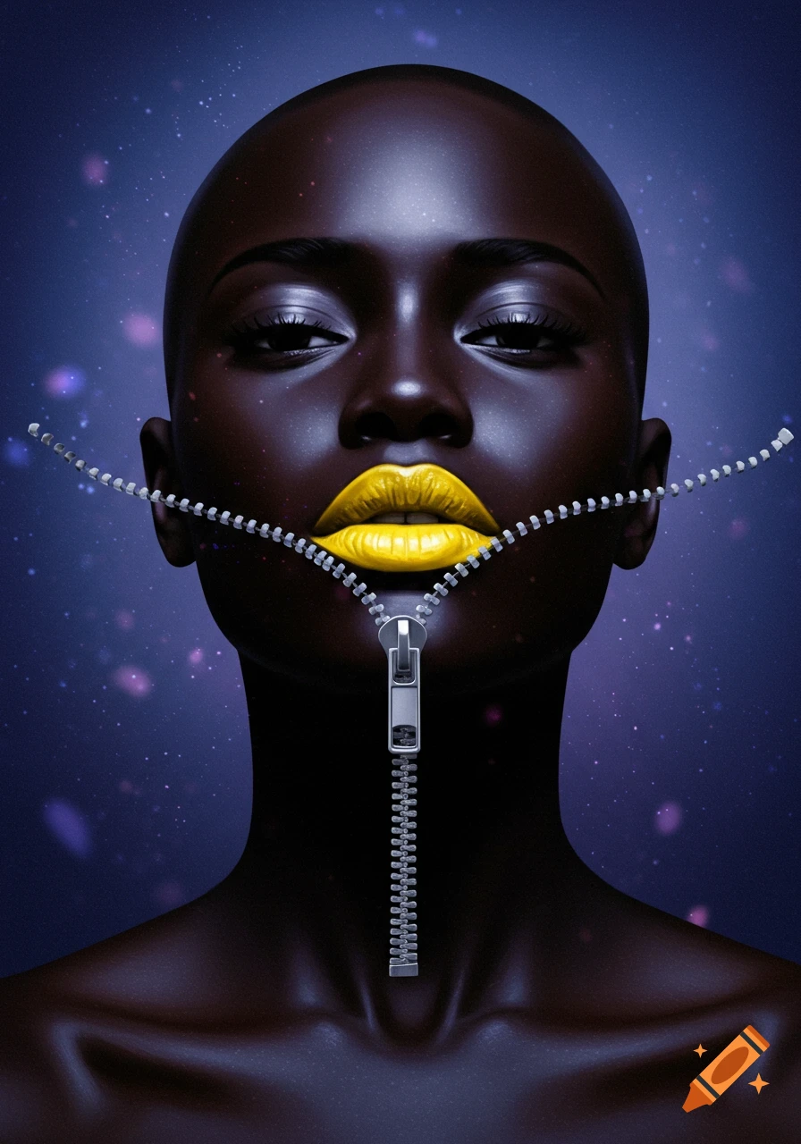 A dark-skinned, bald woman with bright yellow lips, a zipper opening her mouth, against a dark, starry background.