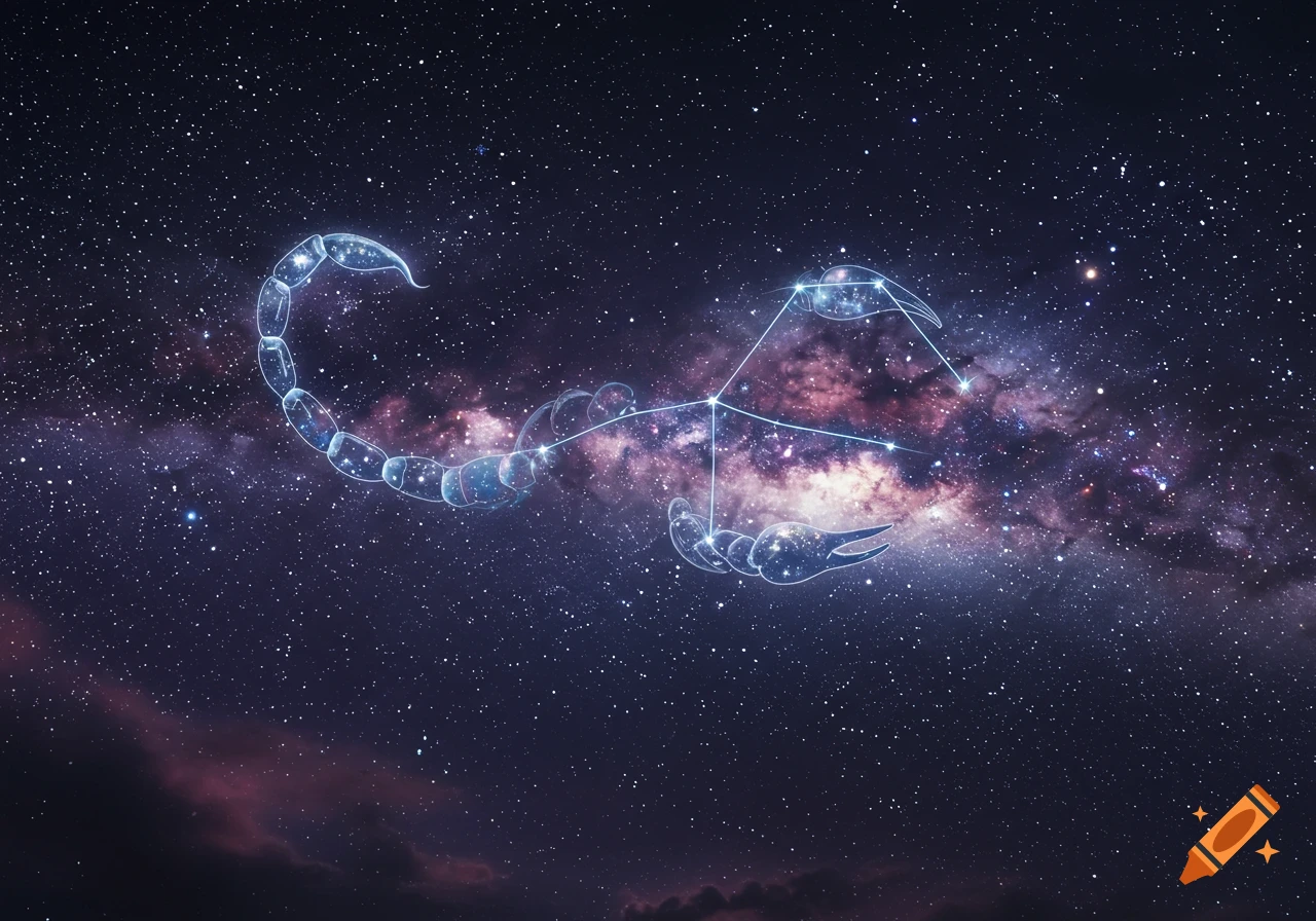 Scorpius constellation glowing against a dark, starry night sky with a purple and blue galaxy.