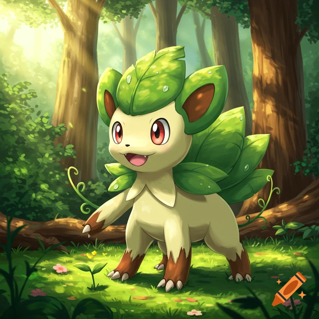 A cute, leaf-covered creature resembling a Pokémon stands in a sunlit forest, surrounded by green grass and small flowers.