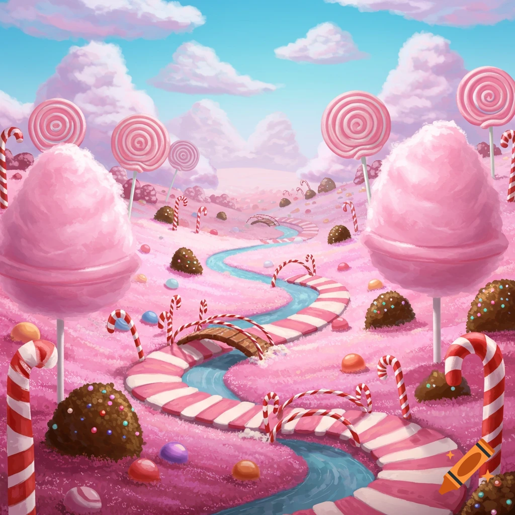 A vibrant, whimsical candy land scene with pink cotton candy trees, lollipop hills, a striped path, and a blue candy river.