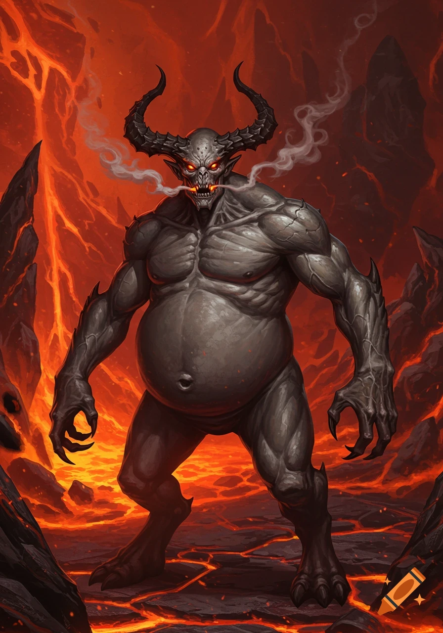 A formidable grey-skinned demon with large horns and a pot belly stands in a fiery, lava-filled landscape, exhaling smoke.