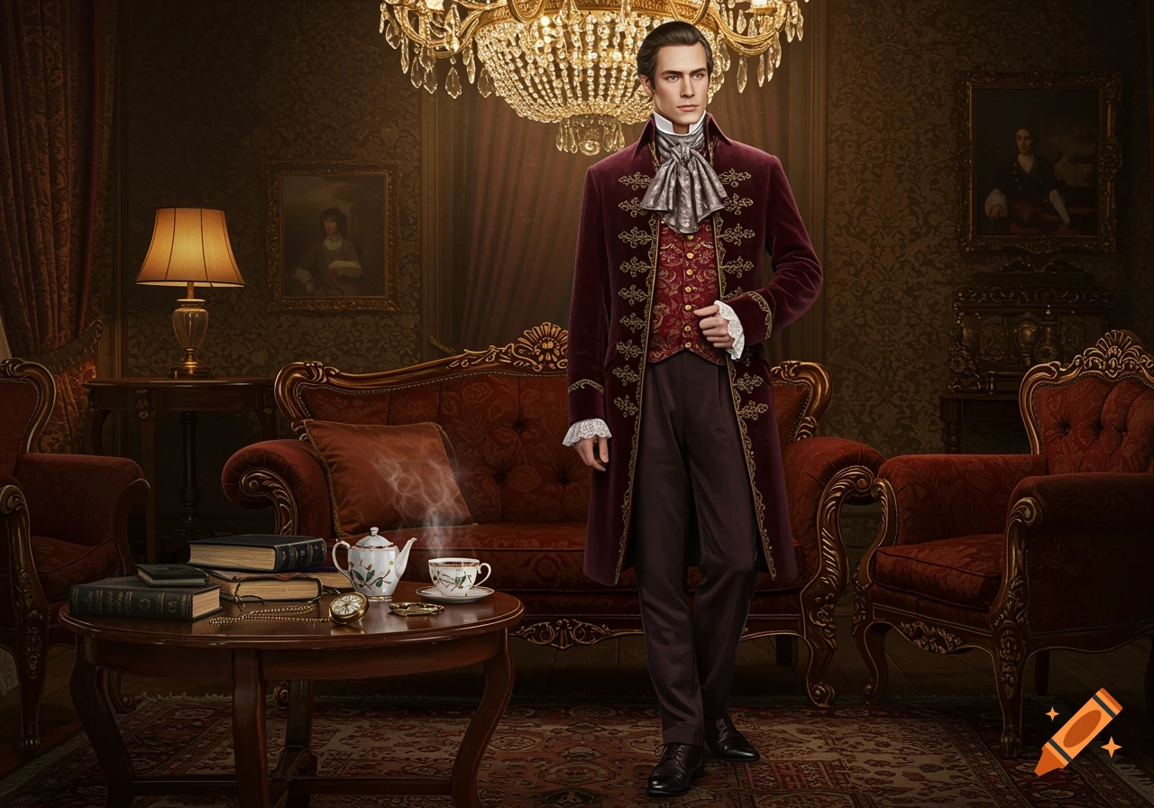 A dandy in a burgundy velvet coat and cravat stands in a lavish, classical room with a chandelier, red velvet furniture.