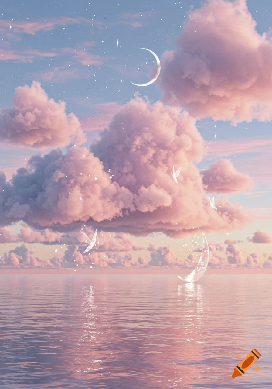 Dreamy landscape with pink clouds, blue sky, shimmering water, crescent moons, and luminous butterflies.