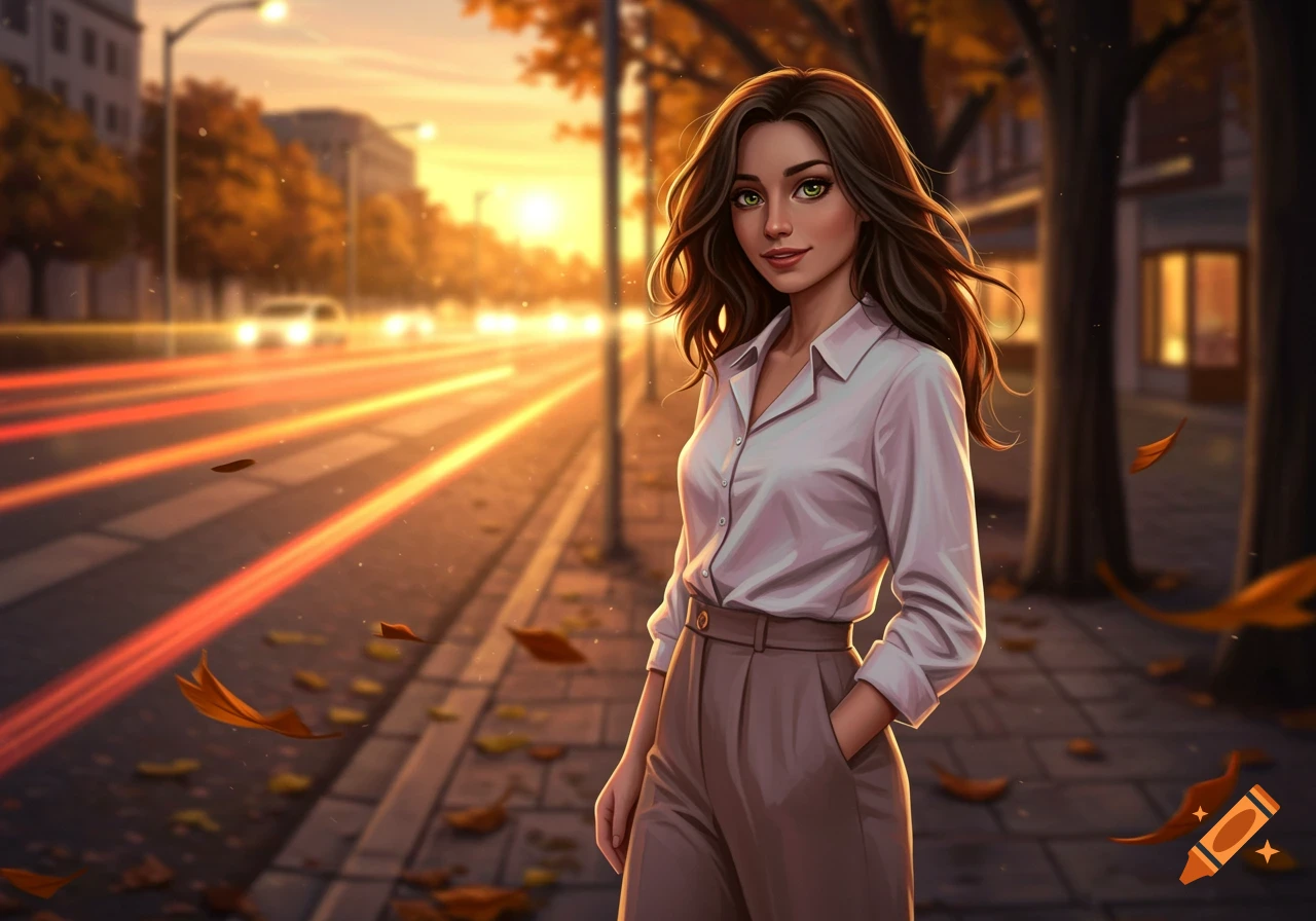 A digital art portrait of a woman with long brown hair and green eyes on an autumn city street at sunset.