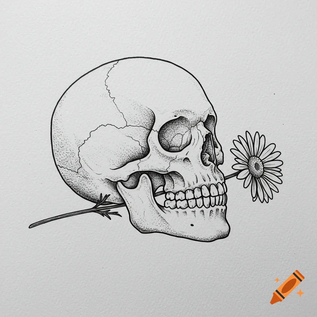 Black and white fine line illustration of a skull in profile with a daisy in its mouth.