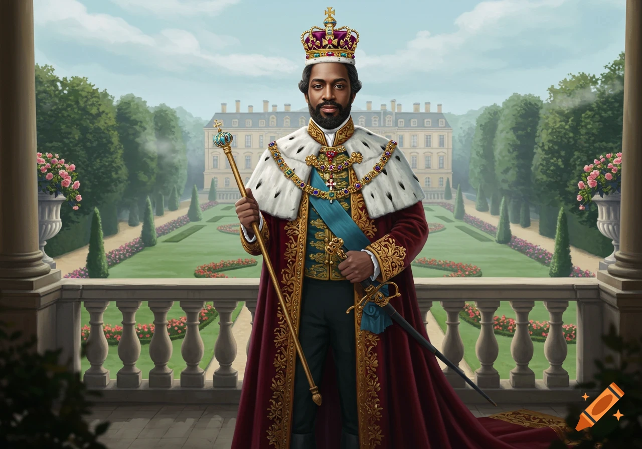 A Black man with a beard, dressed in regal Victorian king's attire with a crown and staff, stands on a balcony overlooking a grand palace and gardens.