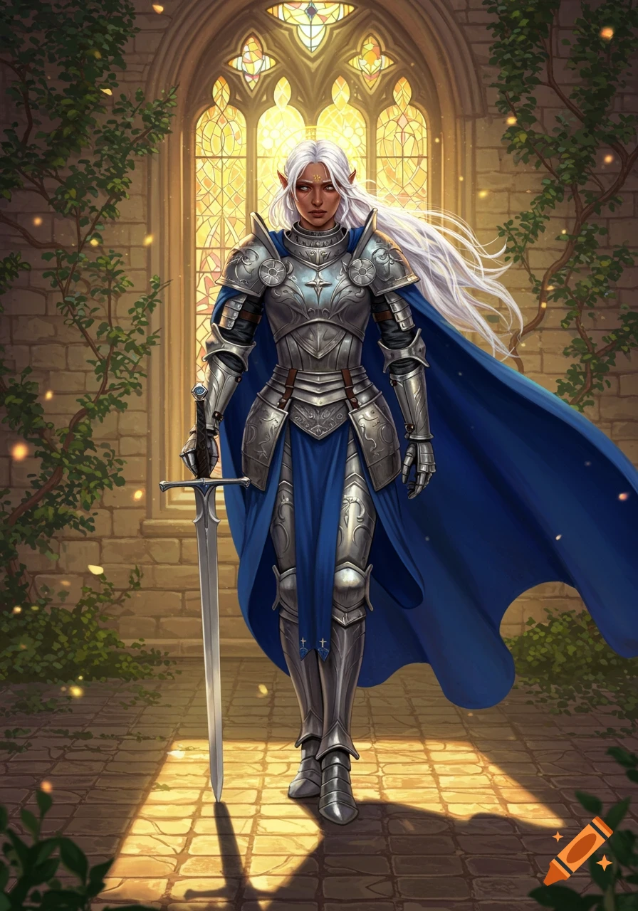 A female elf knight with long white hair, wearing silver armor and a blue cape, holding a sword in a grand hall with a stained glass window.