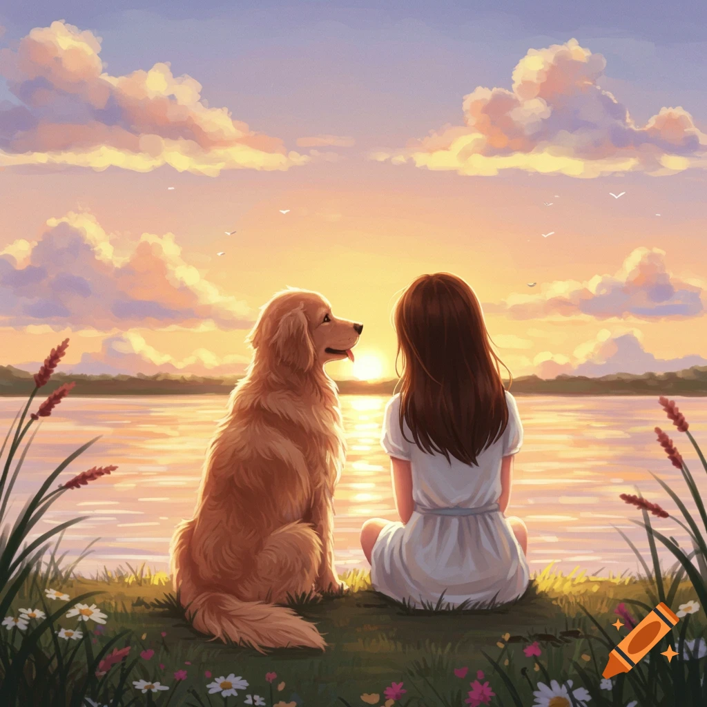 A girl and a golden retriever dog sit together by a lake, watching the vibrant orange sunset in an illustrated style.