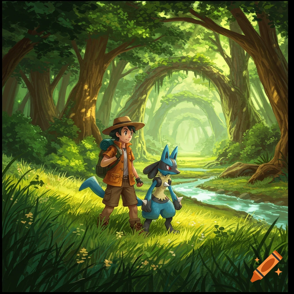 A young Pokemon trainer and Lucario walk through a lush, sun-dappled forest beside a stream, in an anime style.