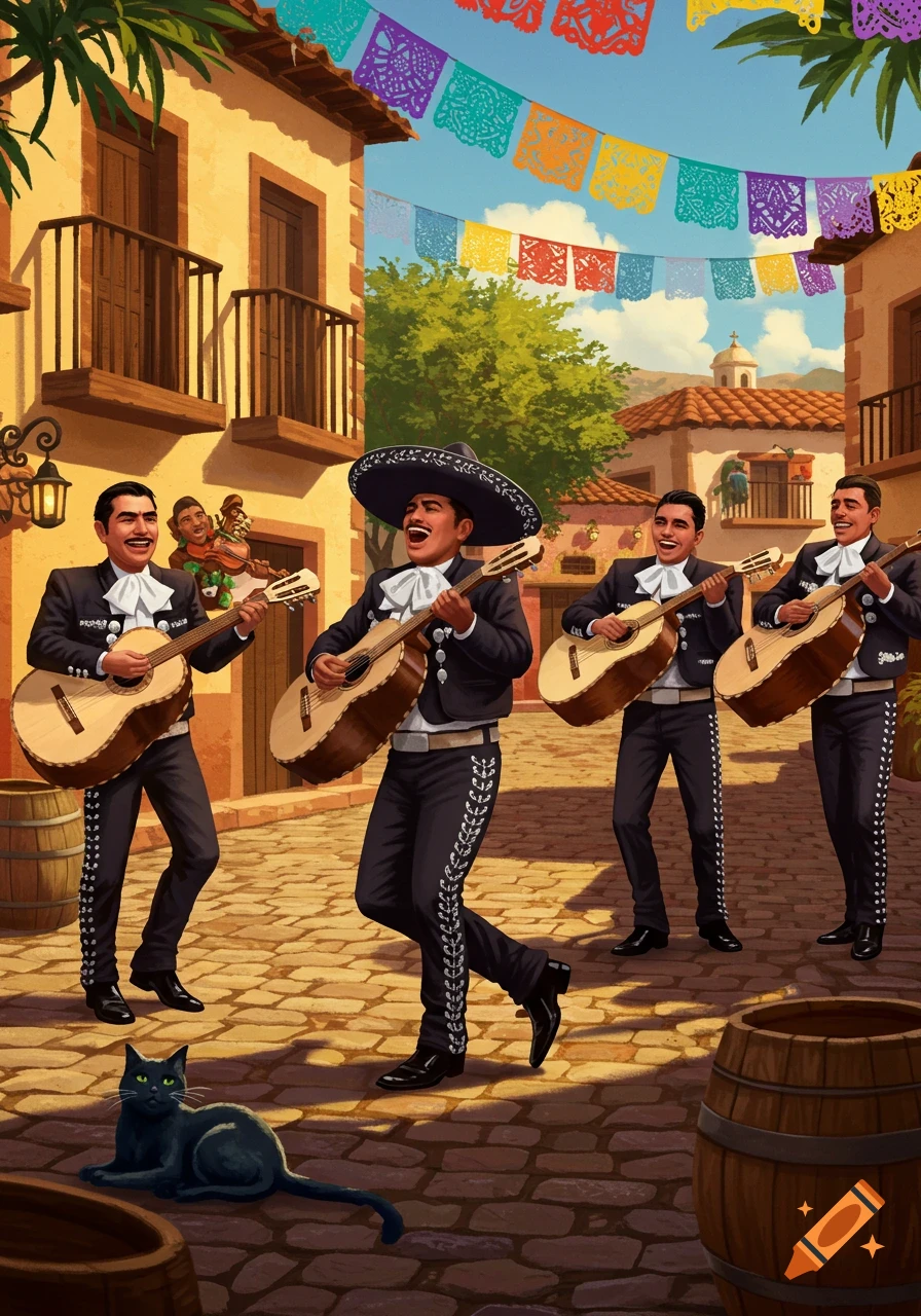 A mariachi band plays music in a sunlit village square adorned with colorful banners, with a black cat observing nearby.