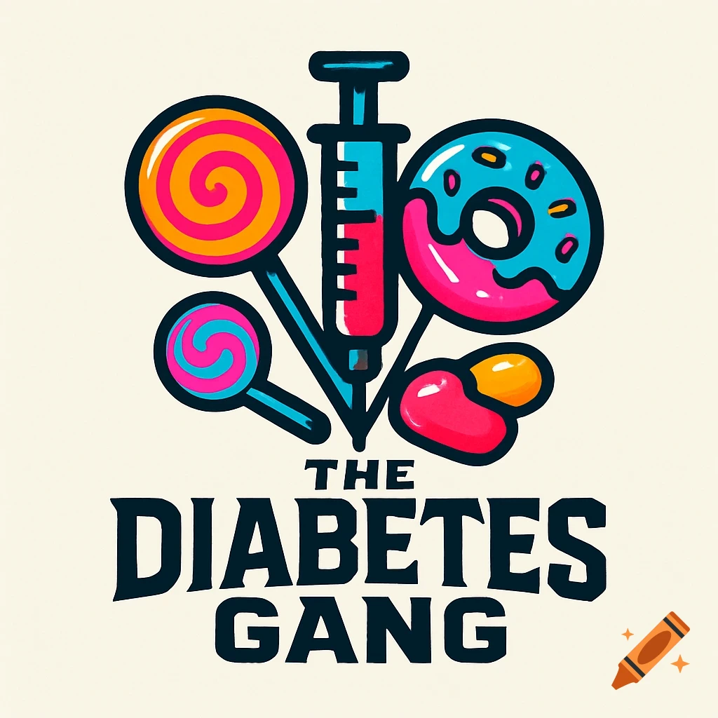 A colorful logo with a syringe, lollipops, a donut, and pills above the text 'THE DIABETES GANG' in a bold, stylized font.