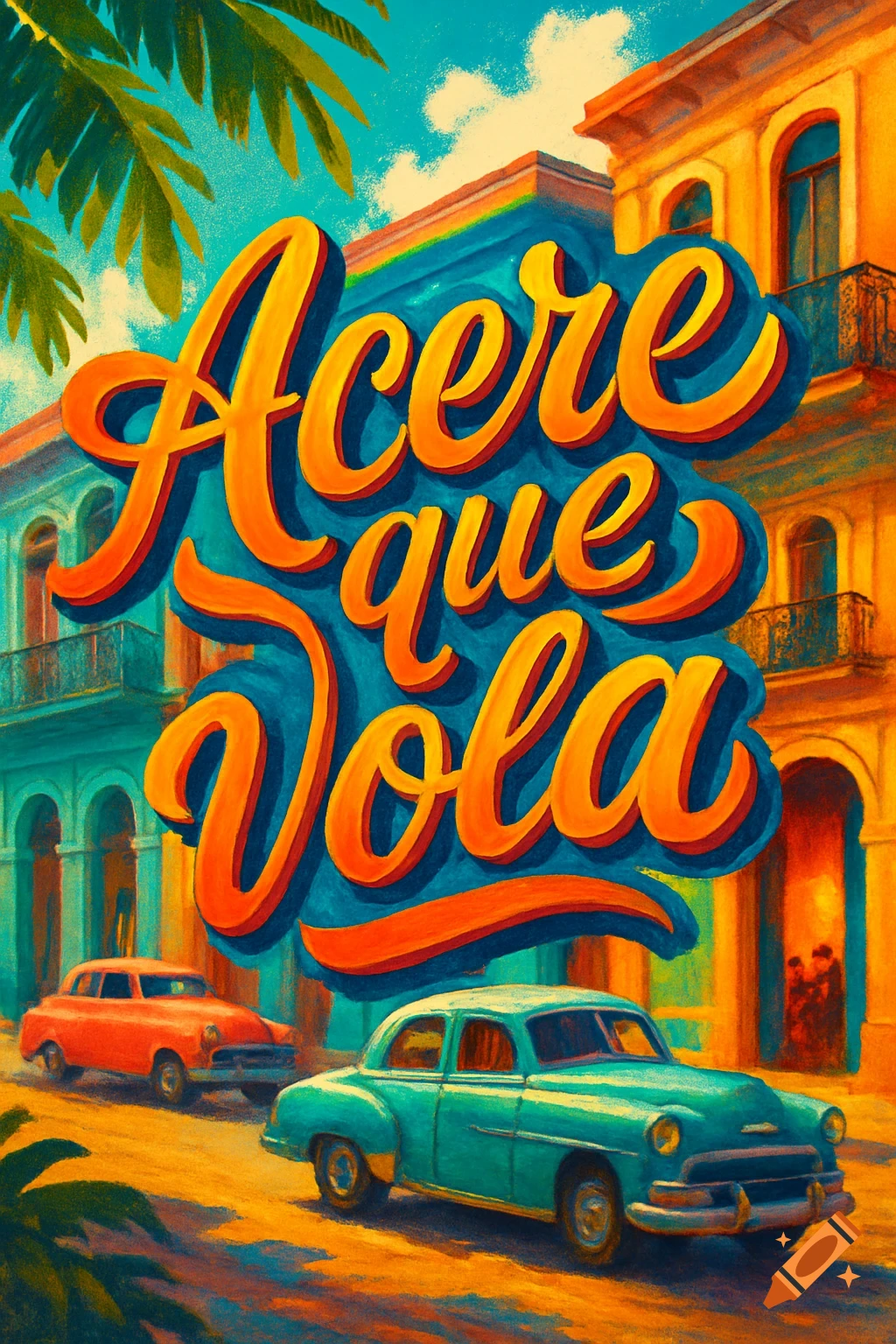 Vibrant stylized illustration with the Cuban phrase 'Acere que Vola' over a street scene with colorful buildings and vintage cars.