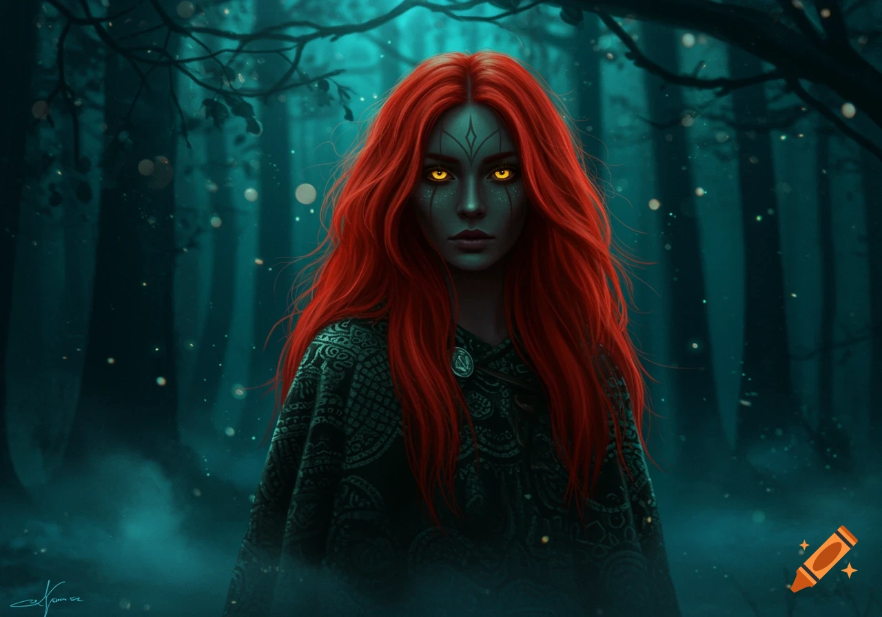 A dark-skinned fantasy woman with vibrant red hair and glowing yellow eyes wears a patterned cloak in a mystical, dark forest.