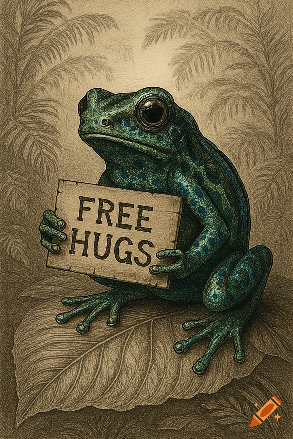 An 1880s style illustration of a blue and green poison dart frog holding a sign that says "FREE HUGS" while sitting on a leaf.