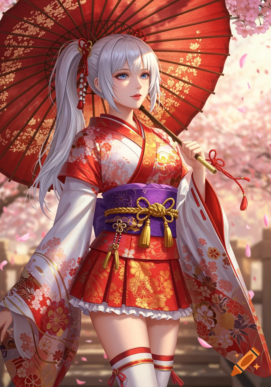 A beautiful young woman with white hair in a red kimono holds a red Japanese umbrella under cherry blossoms.