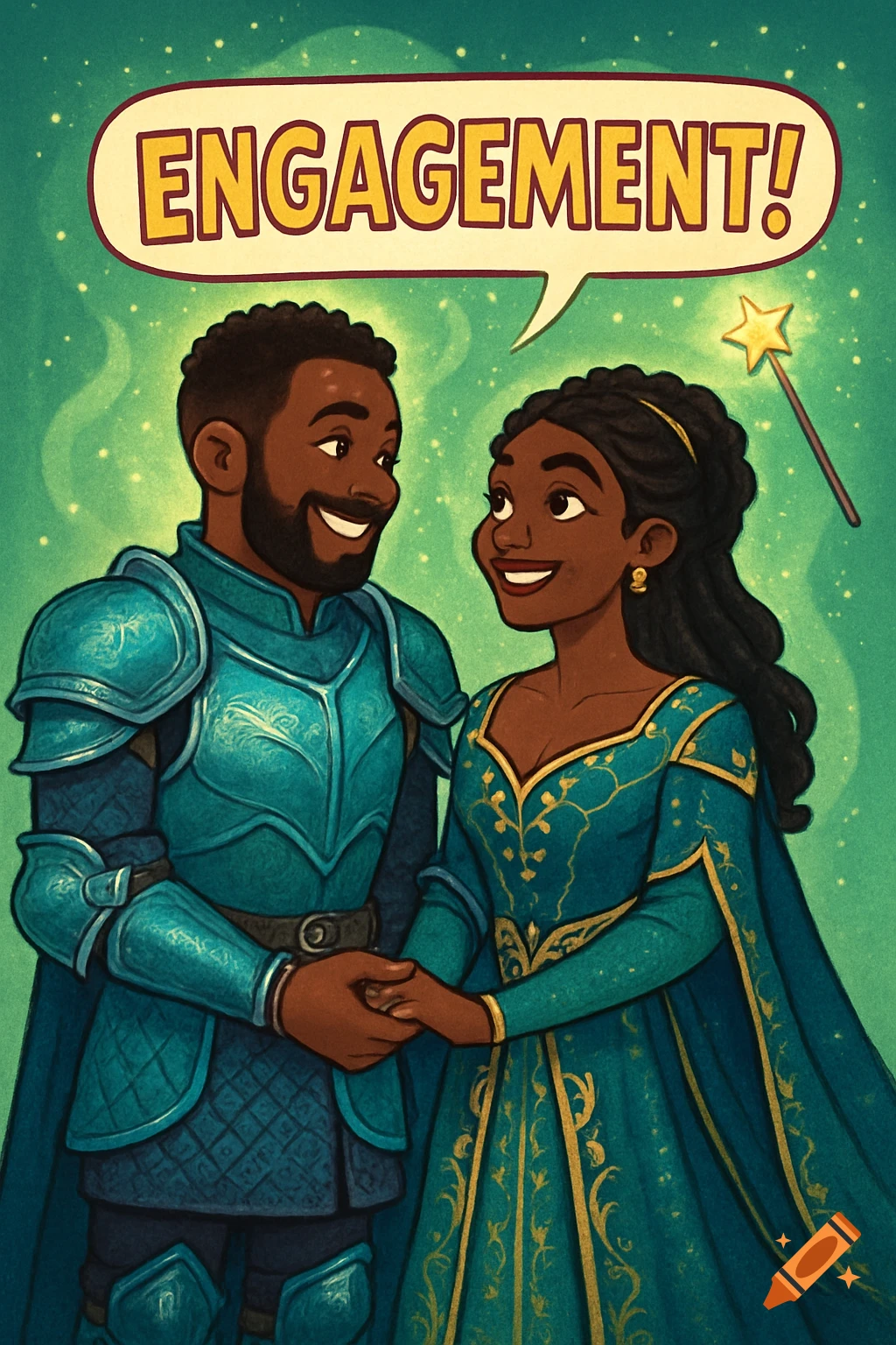 A cartoon couple in fantasy outfits, a man in armor and a woman in a gown, holding hands under an 'ENGAGEMENT!' speech bubble.
