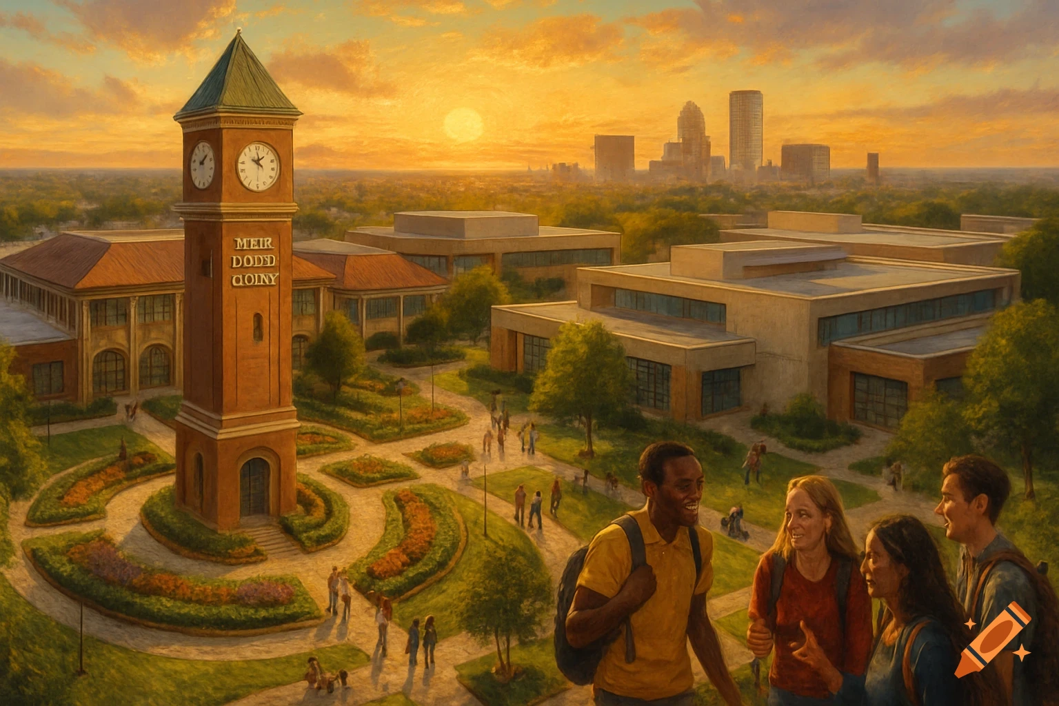 A vibrant sunset over a college campus with a prominent clock tower and diverse students walking around.