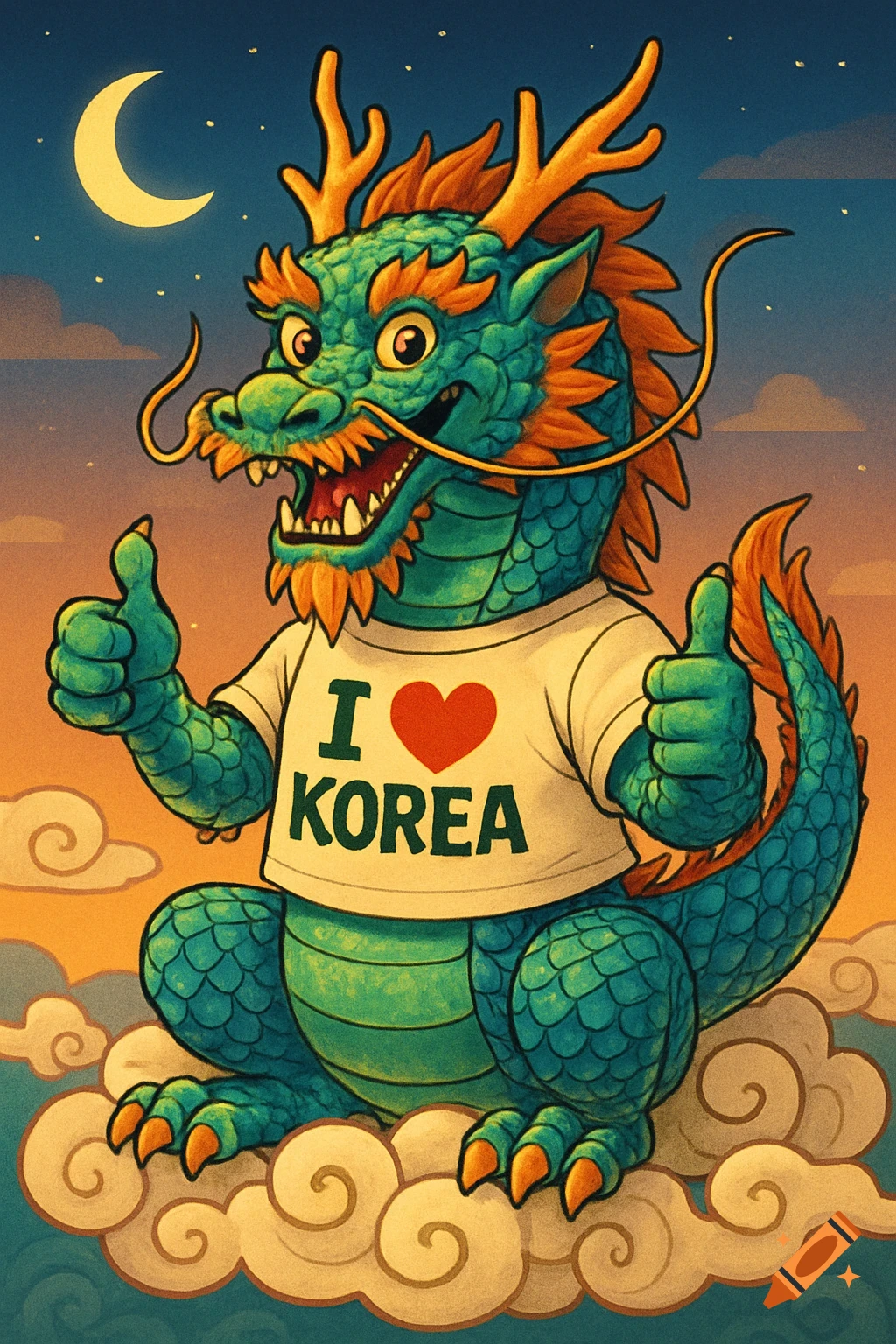 A friendly cartoon Korean dragon sits on clouds at night, wearing an 'I love Korea' t-shirt and giving two thumbs up.