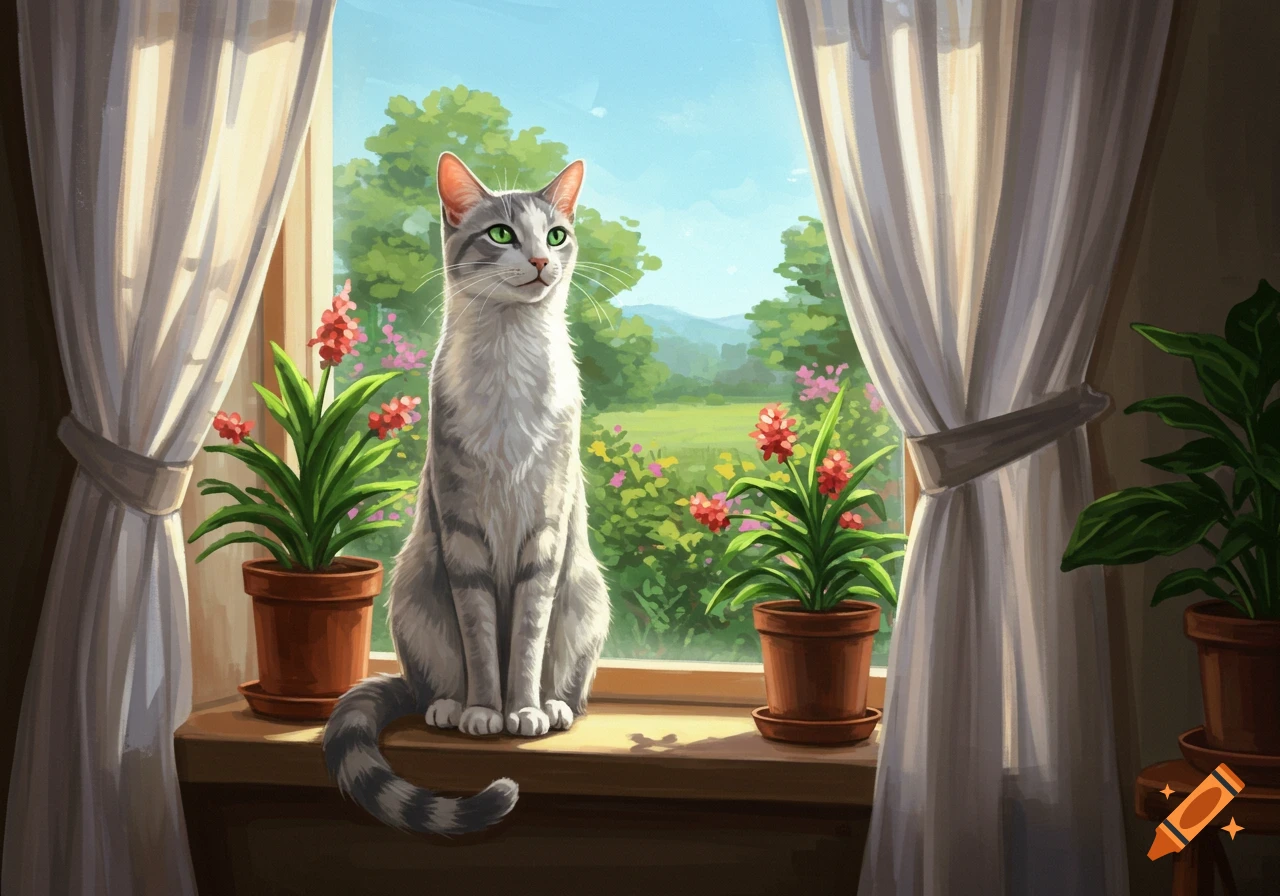 A grey tabby cat with green eyes sits on a sunlit window sill, looking out at a lush green landscape with flowers.