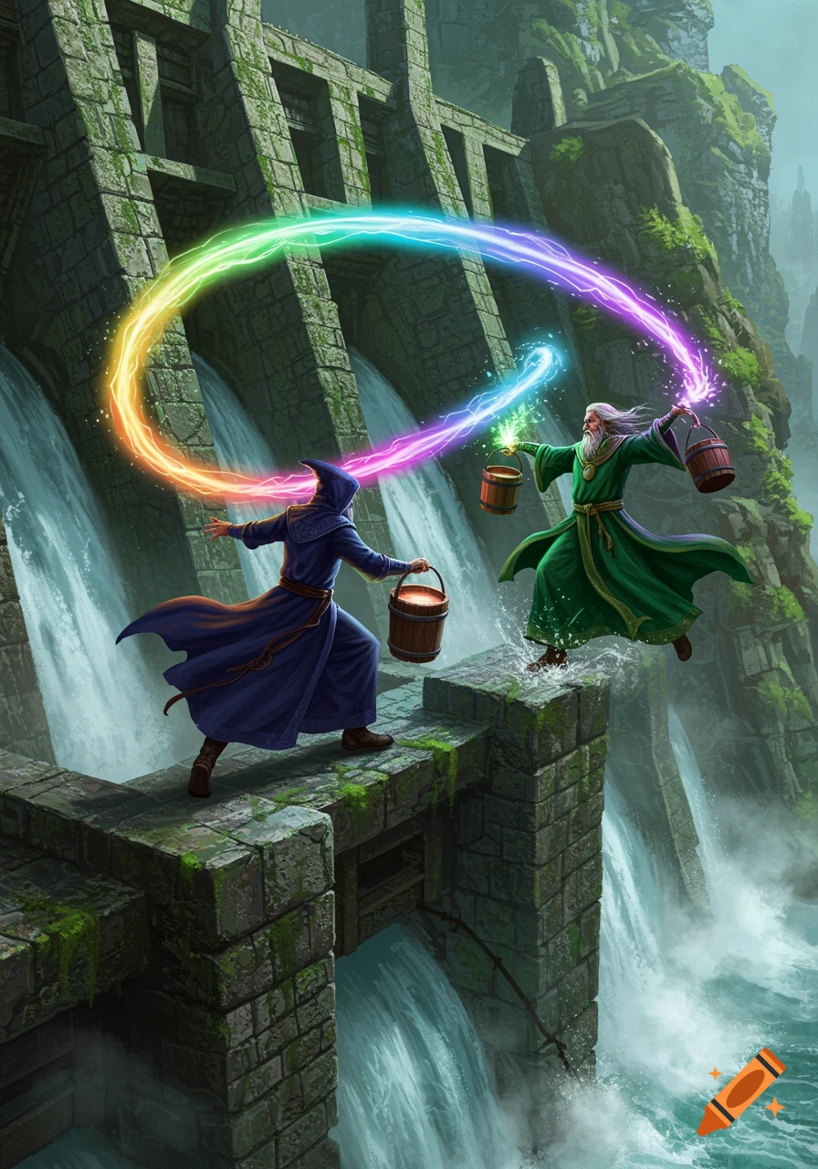 Two robed wizards duel with magic and buckets on a mossy stone dam with waterfalls, in an illustrative fantasy style.