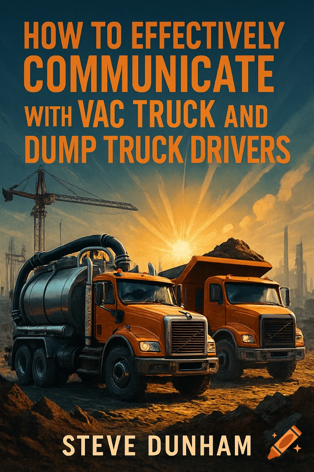 A book cover featuring a vac truck and dump truck at a construction site with a sunset, titled 'How to Effectively Communicate with Vac Truck and Dump Truck Drivers'.