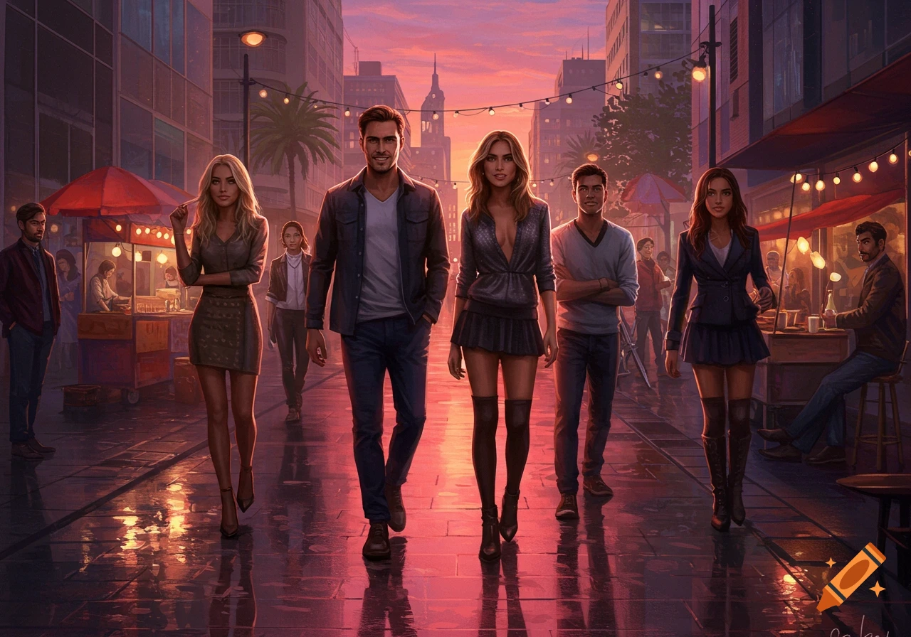 A group of people walking down a wet city street at sunset, rendered in a digital painting style.