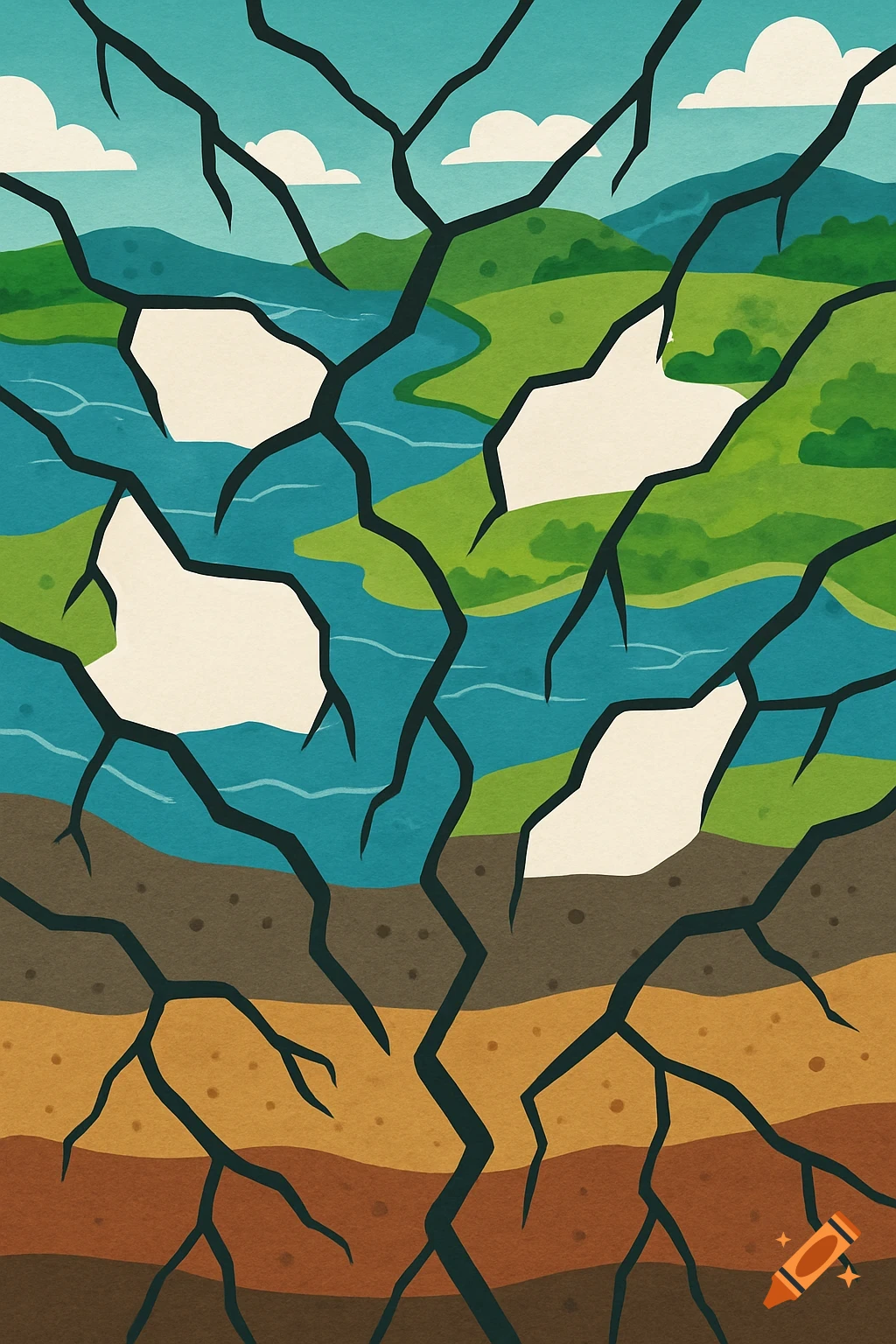 Colorful educational illustration of Earth's layers with jagged black tectonic fault lines and white spaces for text.