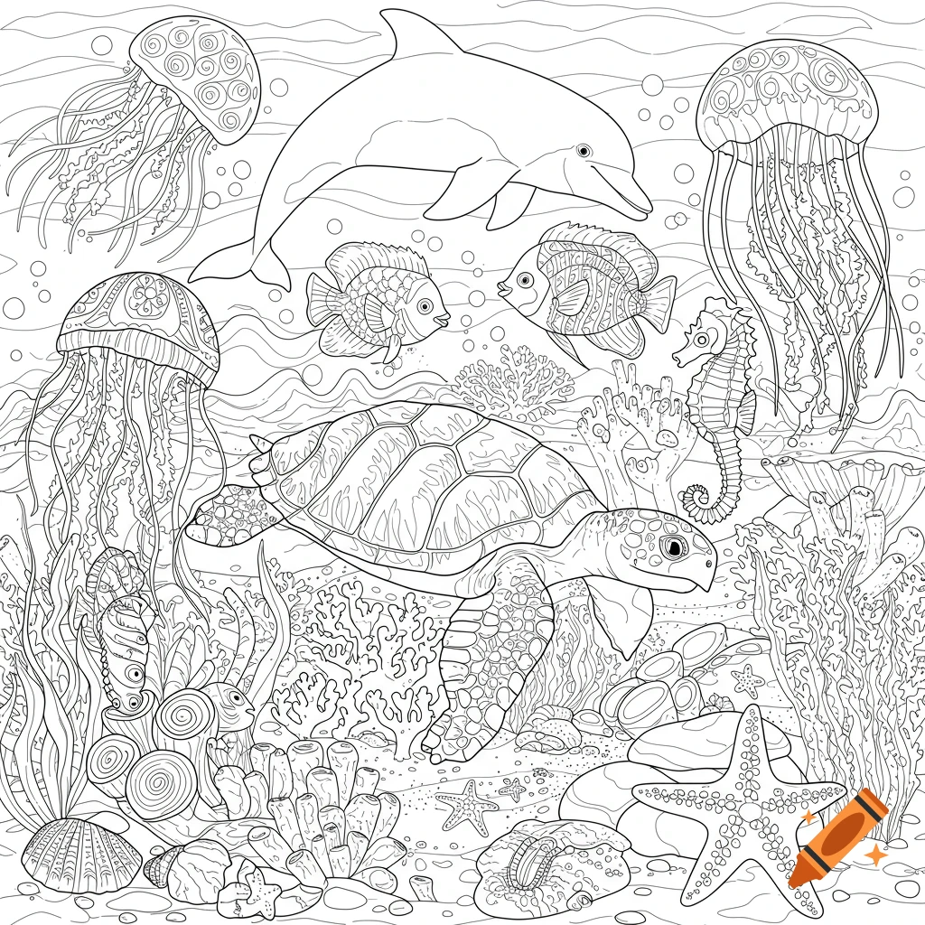 Black and white line art of various sea creatures including a dolphin, jellyfish, turtle, fish, seahorse, and starfish in an underwater scene, coloring book style.