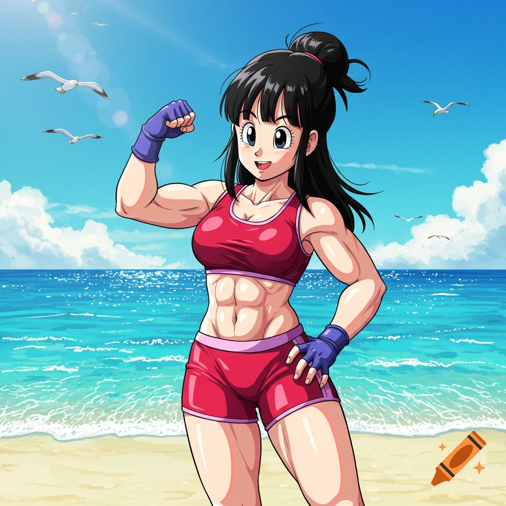 Anime character Chi-Chi from Dragon Ball Super flexing muscles at a sunny beach.