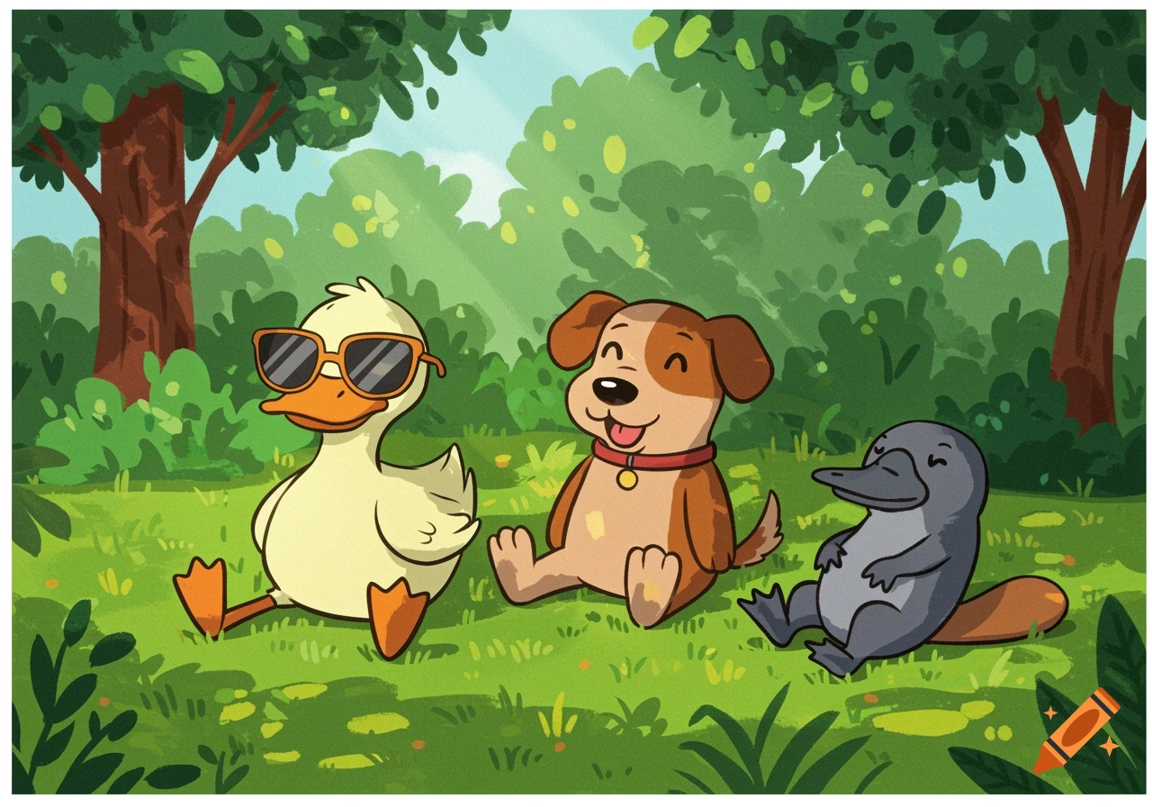 A cartoon duck wearing sunglasses, a dog, and a platypus sitting on green grass in a shaded forest.