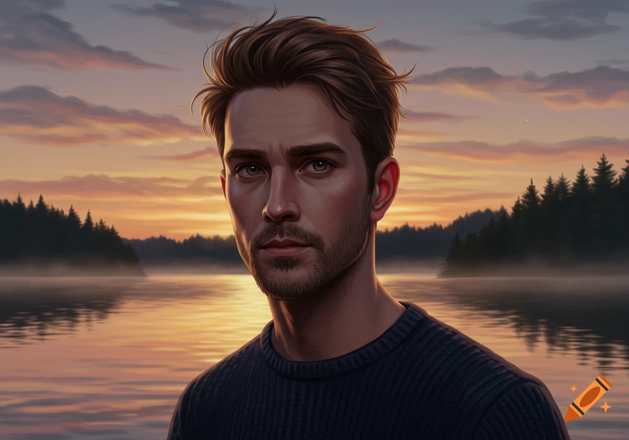 A digitally painted portrait of a man with a beard and brown hair, looking forward, against a sunset lake and forest background.