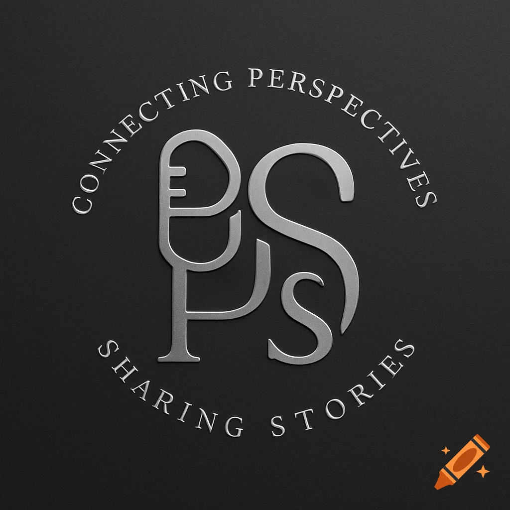 Sleek silver logo with intertwined P and S initials resembling microphones on a dark background. Text reads 'Connecting Perspectives, Sharing Stories'.
