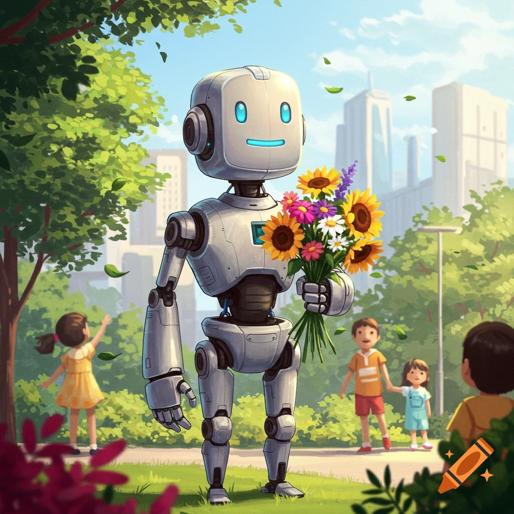 An animated illustration of a friendly robot holding a bouquet of flowers in a sunny park with children.