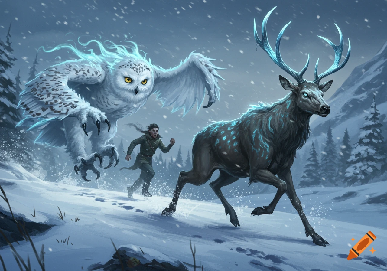 A large white monster owl chases a glowing blue deer monster and a human through a snowy mountain landscape under falling snow.