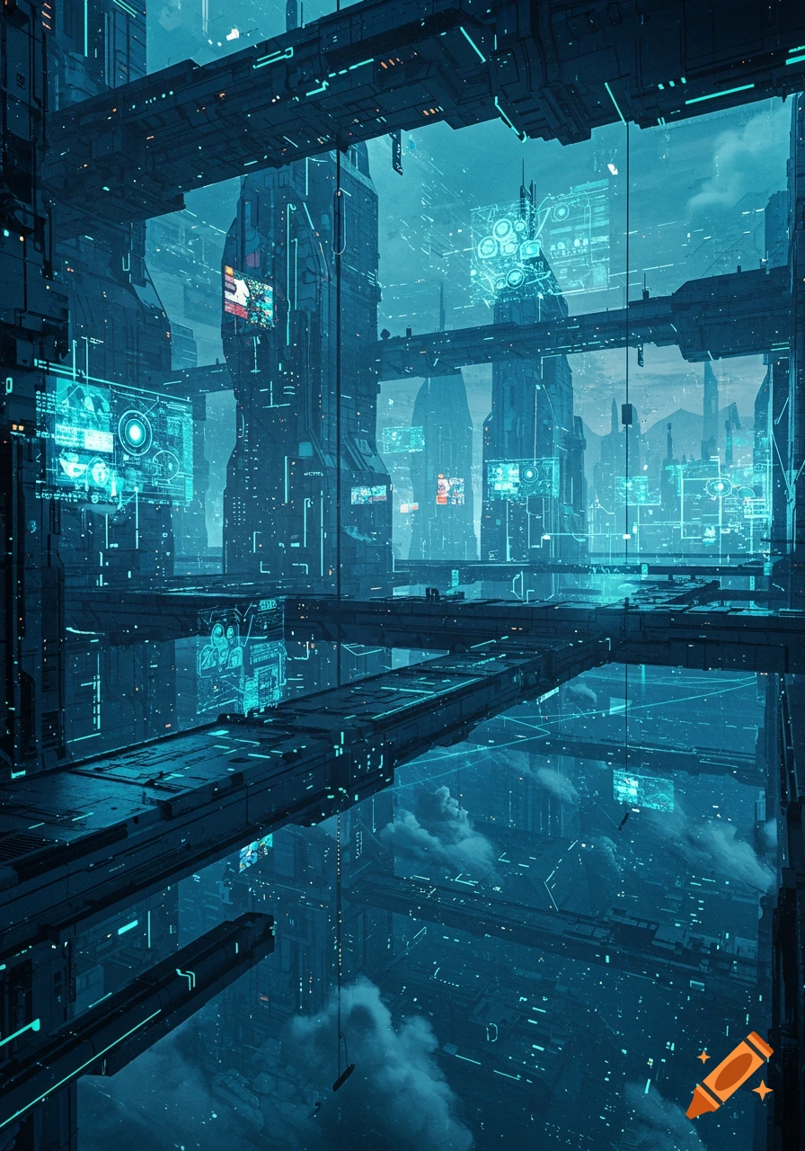 A sprawling futuristic cityscape with dark, towering structures, glowing cyan and blue lines, holographic displays, and interconnected pathways under a hazy, reflective sky.