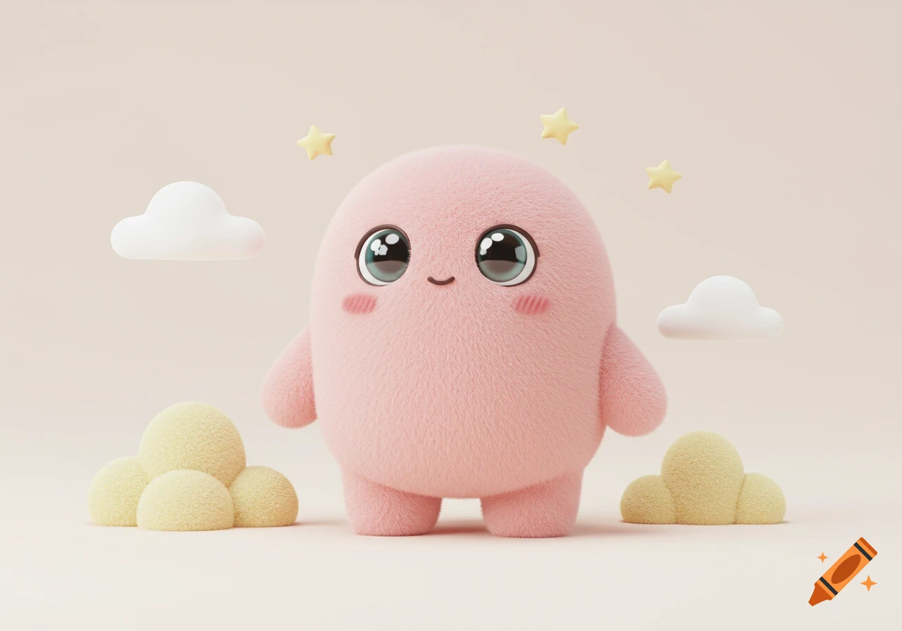 A cute, pink, fuzzy, egg-shaped character with large eyes and rosy cheeks stands on a light background with stars and clouds.