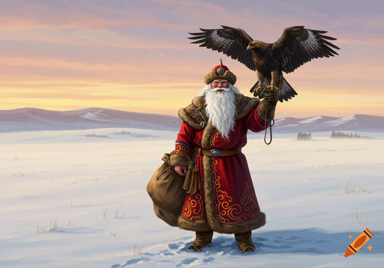 Mongolian Santa Claus in a red robe holds a large eagle in a snowy landscape during sunset.